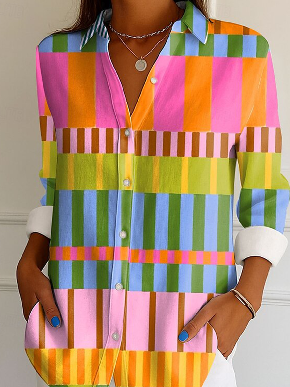 Casual Geometric Cotton V Neck Shirt