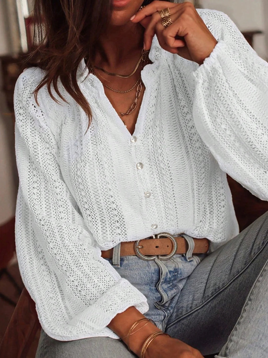 Women's Long Sleeve Shirt Spring/Fall White Plain Split Joint V Neck Daily Going Out Casual Top