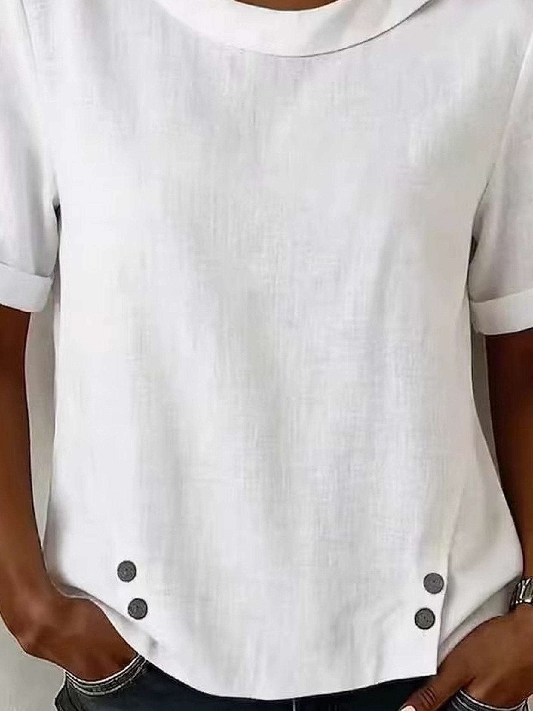 Cotton And Linen Plain Short Sleeve Round Neck Button Casual Top