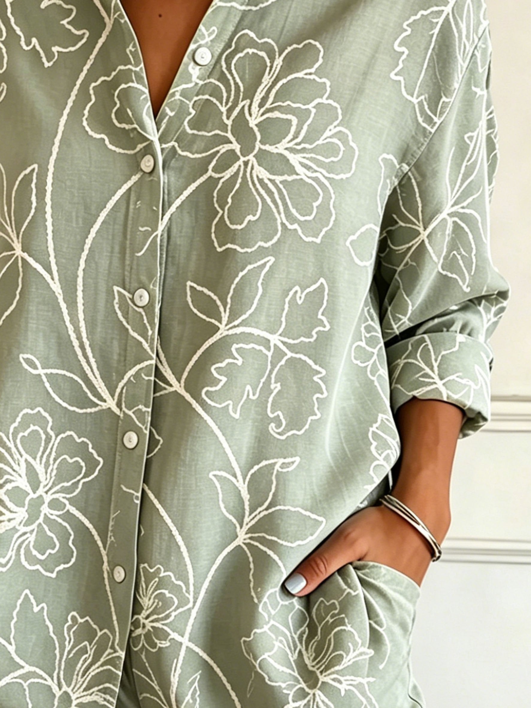 Vintage Botanical Print Shawl Collar Linen Blend Casual Shirt