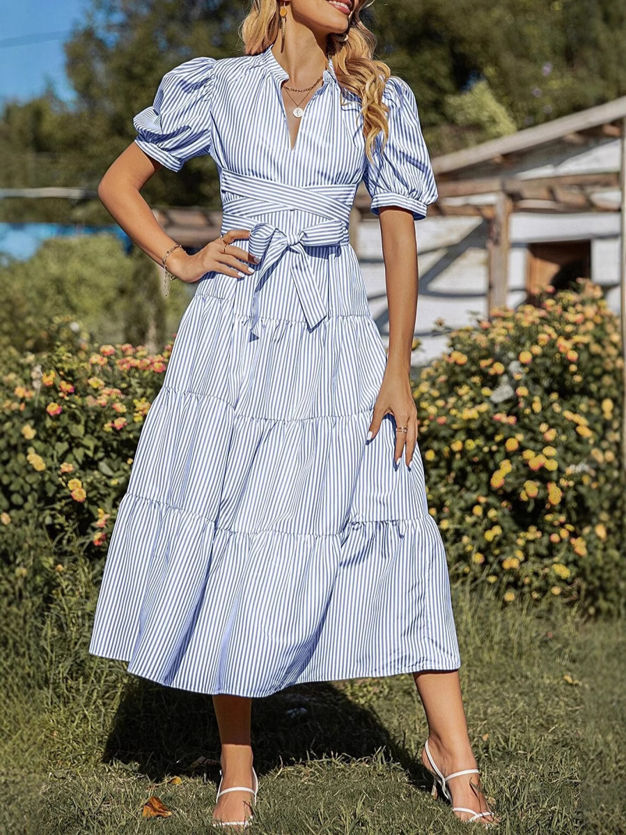 Blue Sttipe Belt Puff Short Sleeve V Neck Ruffle A-line Summer Eatsre Casual Dress