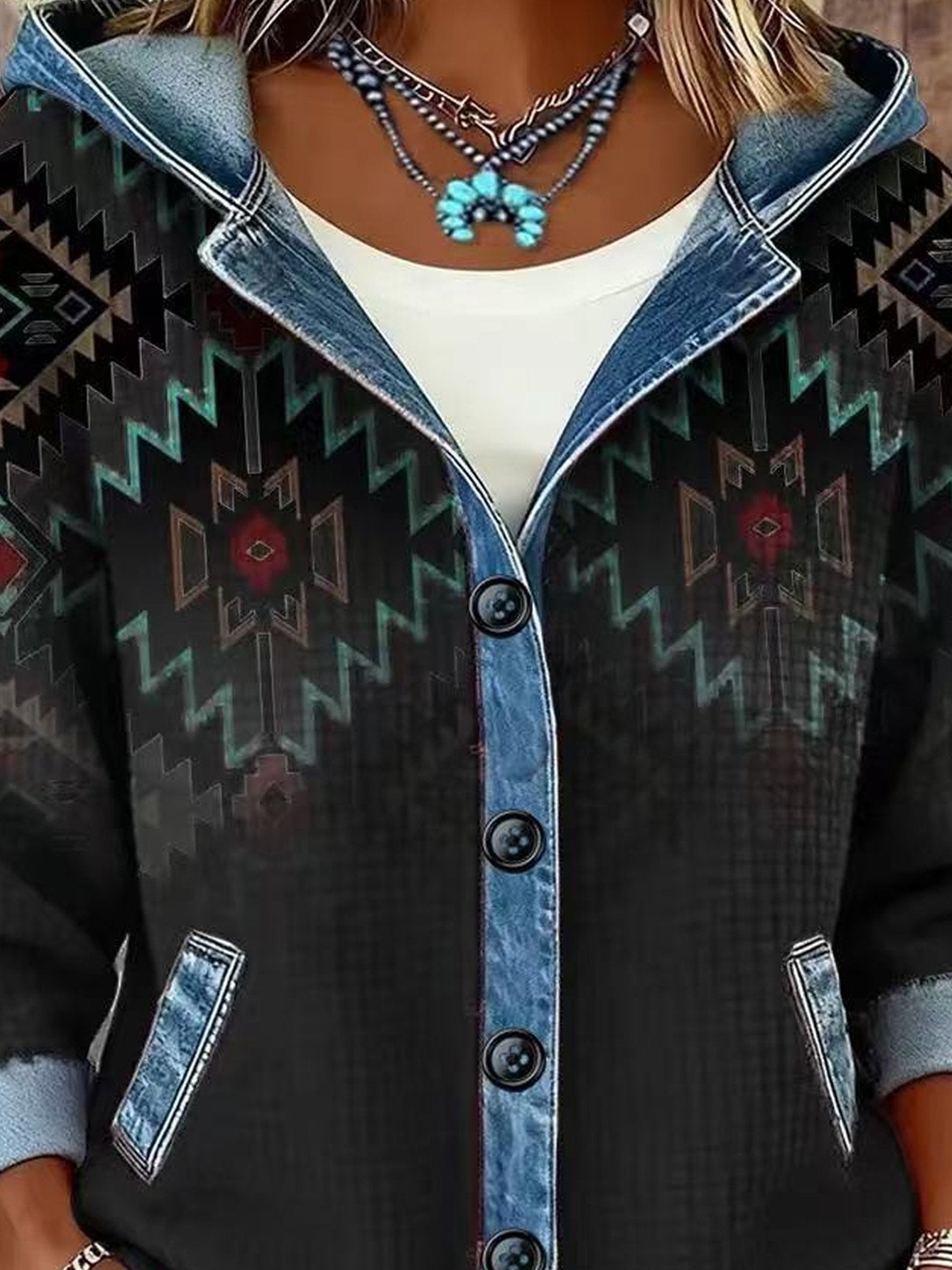 Chevron Color Block Denim Casual Loose Long Sleeve Button Cardigan with hooded Going Out Casual Hoodie