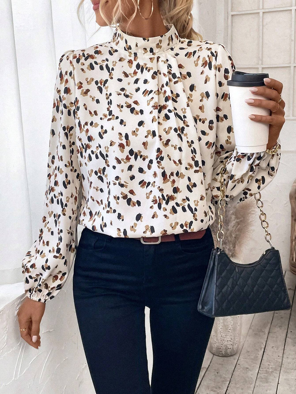 Women's Long Sleeve Shirt Spring/Fall Off White Leopard Split Joint Mock Neck Daily Going Out Casual Top