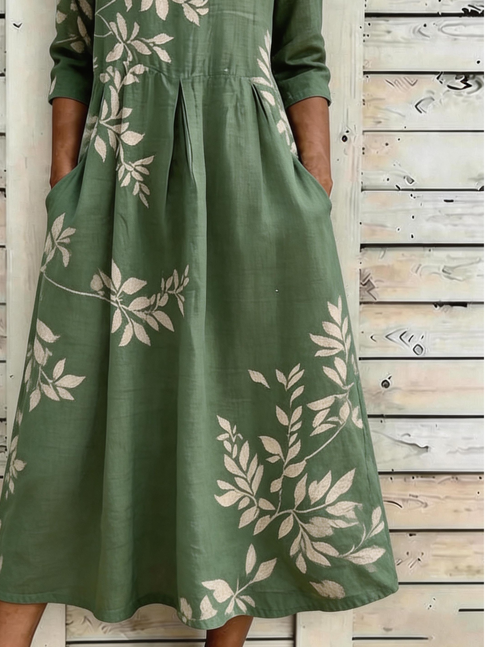 Green Leaf Print 3/4 Sleeve Loose Maxi Dress
