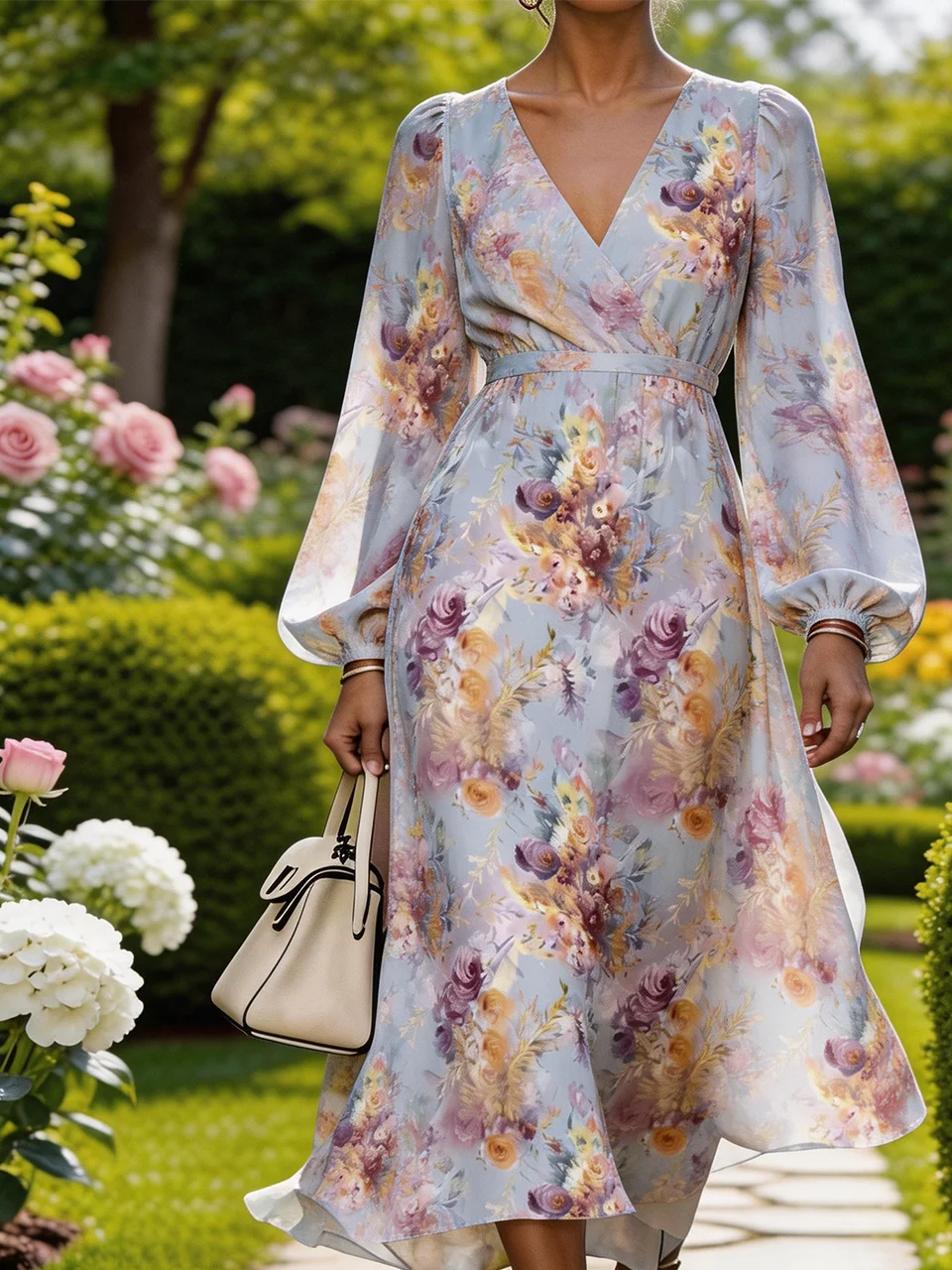 Elegant Loose Balloon Sleeve Floral Dress With No