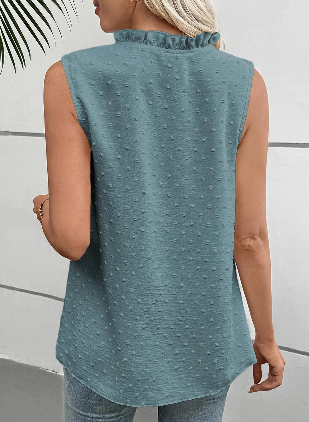 Dots Jaquard V-Neck Ruffle Sleeveless Lace Going Out Casual Top