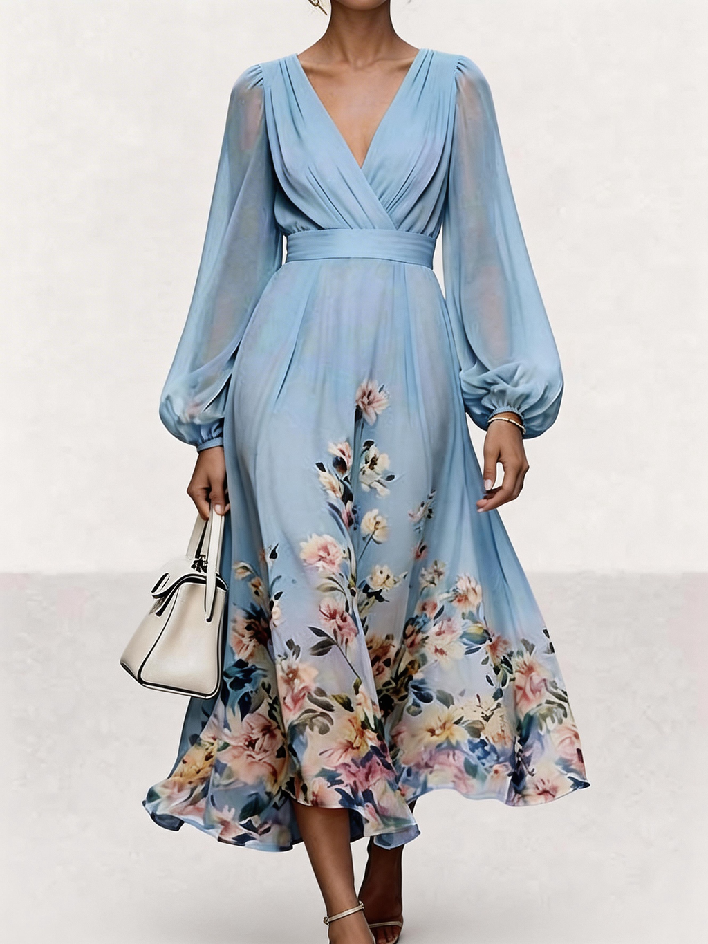 Regular Fit Elegant Floral V Neck Dress With No