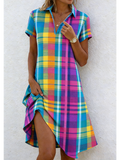 Loose Casual Plaid Shawl Collar Shirt Dress With No