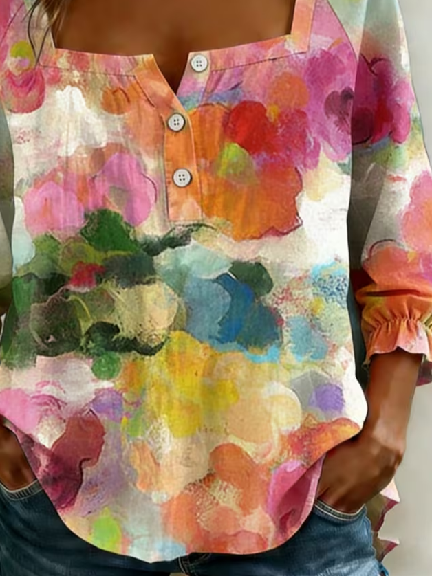 Women's Three Quarter Sleeve Blouse Spring/Fall As Picture Abstract Printing Square Neck Daily Going Out Vintage Top