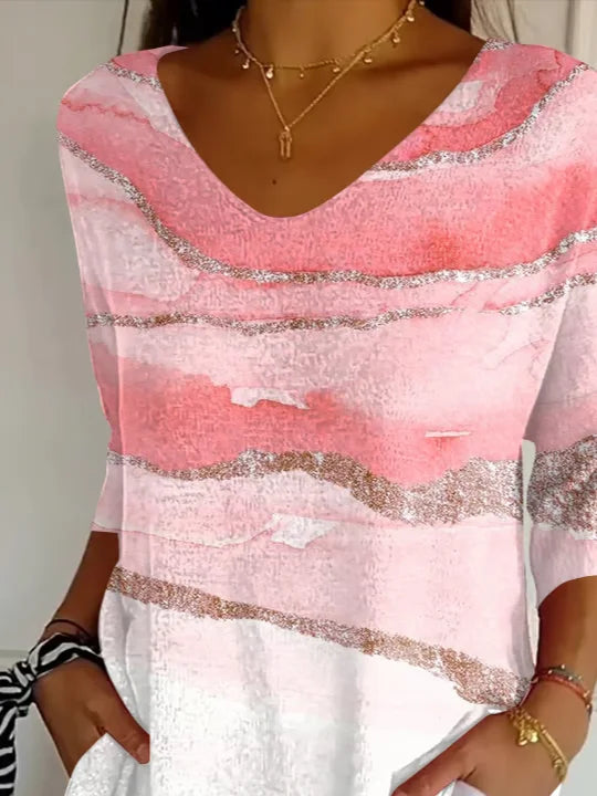 Women's Three Quarter Sleeve T-shirt Spring/Fall Pink Abstract Printing V Neck Daily Going Out Casual Top