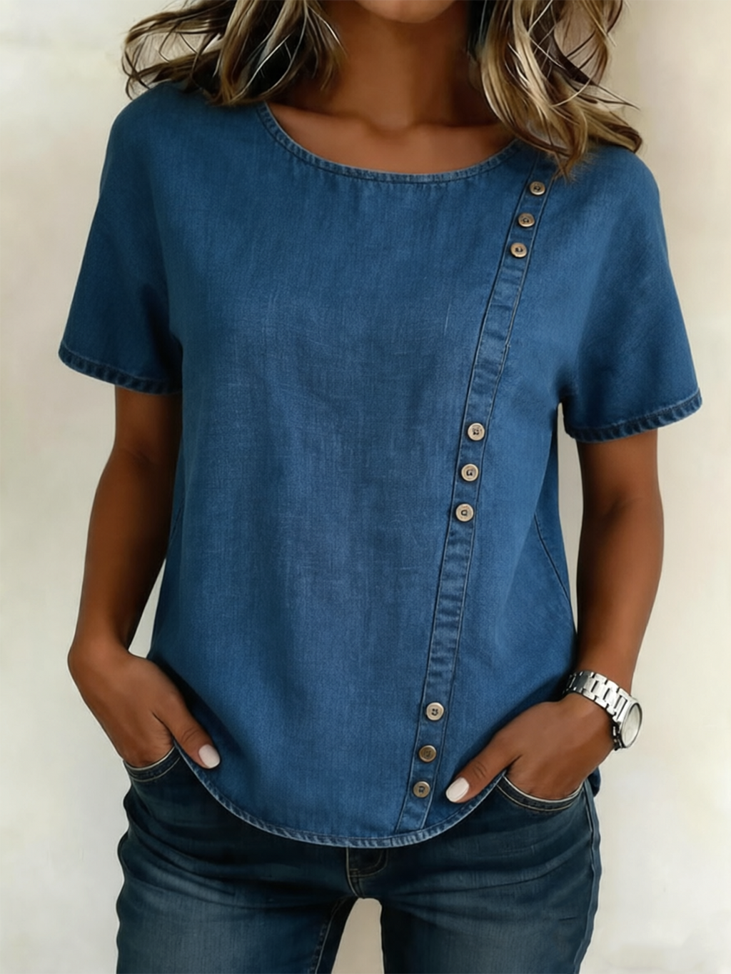 Crew Neck Faux Denim Print Graphic Casual Linen Blend Shirt