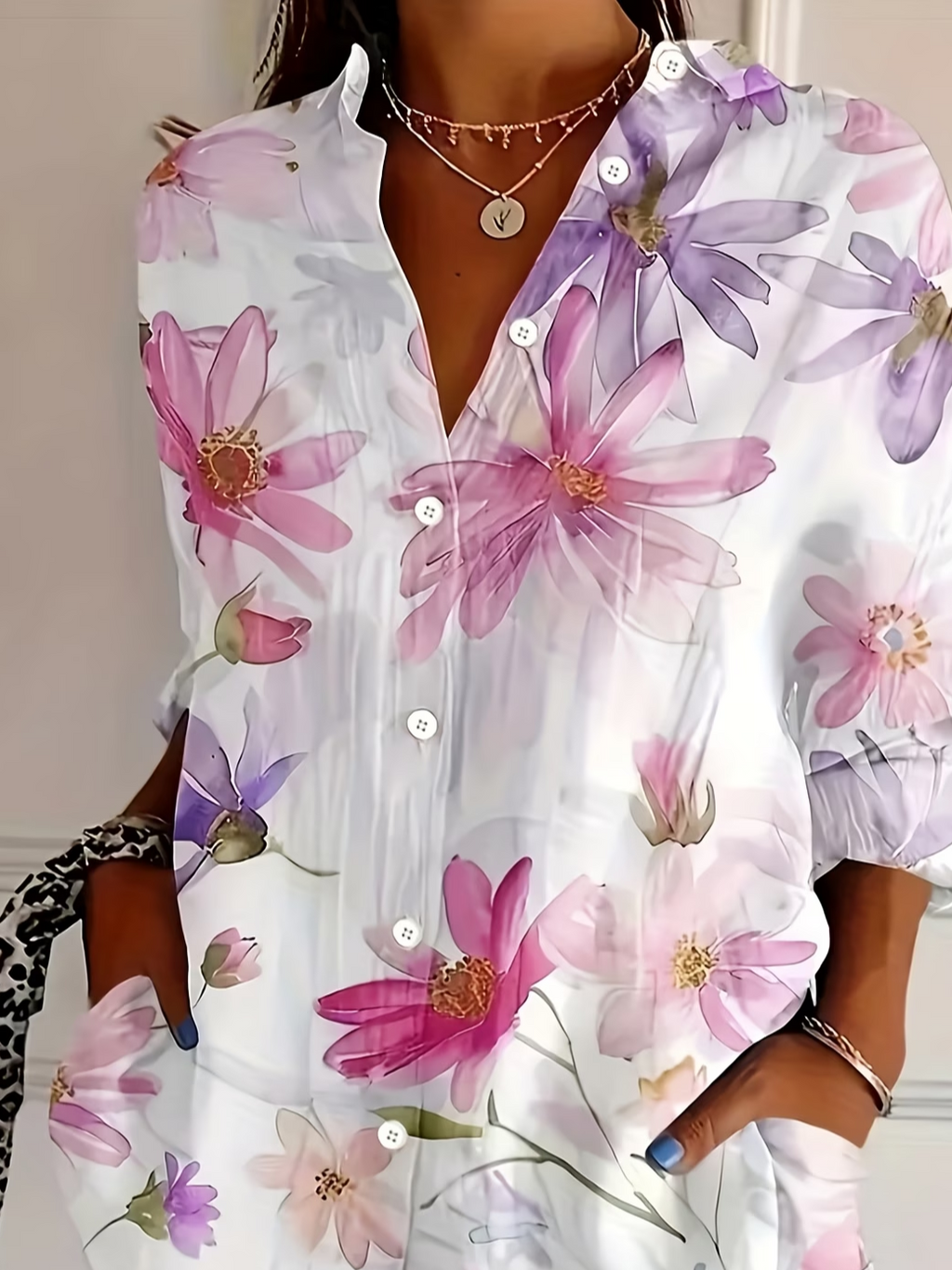 Women's Long Sleeve Shirt Spring/Fall White Floral Buckle Shirt Collar Regular Sleeve Daily Going Out Casual Top