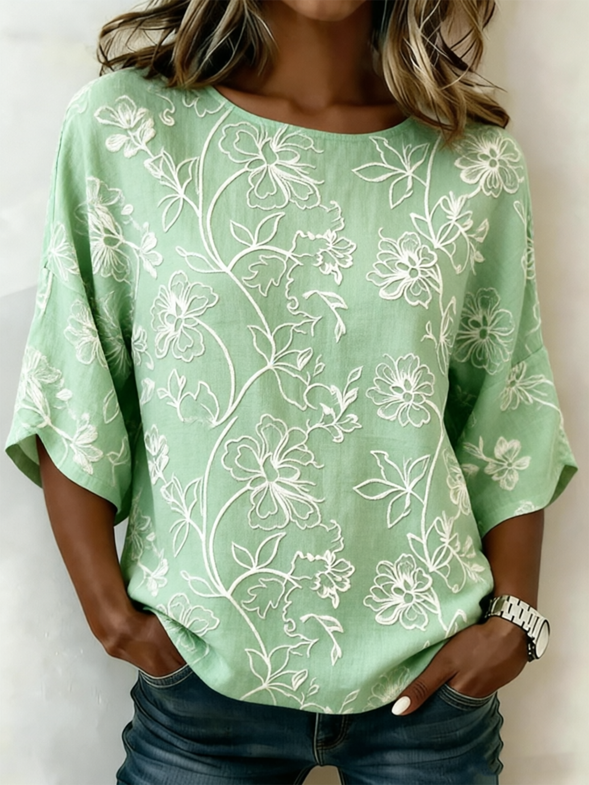 Loose Floral Elegant Cotton And Linen Shirt