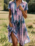 Abstract Floral Print V Neck Short Sleeve Cotton-Blend Casual Midi Dress