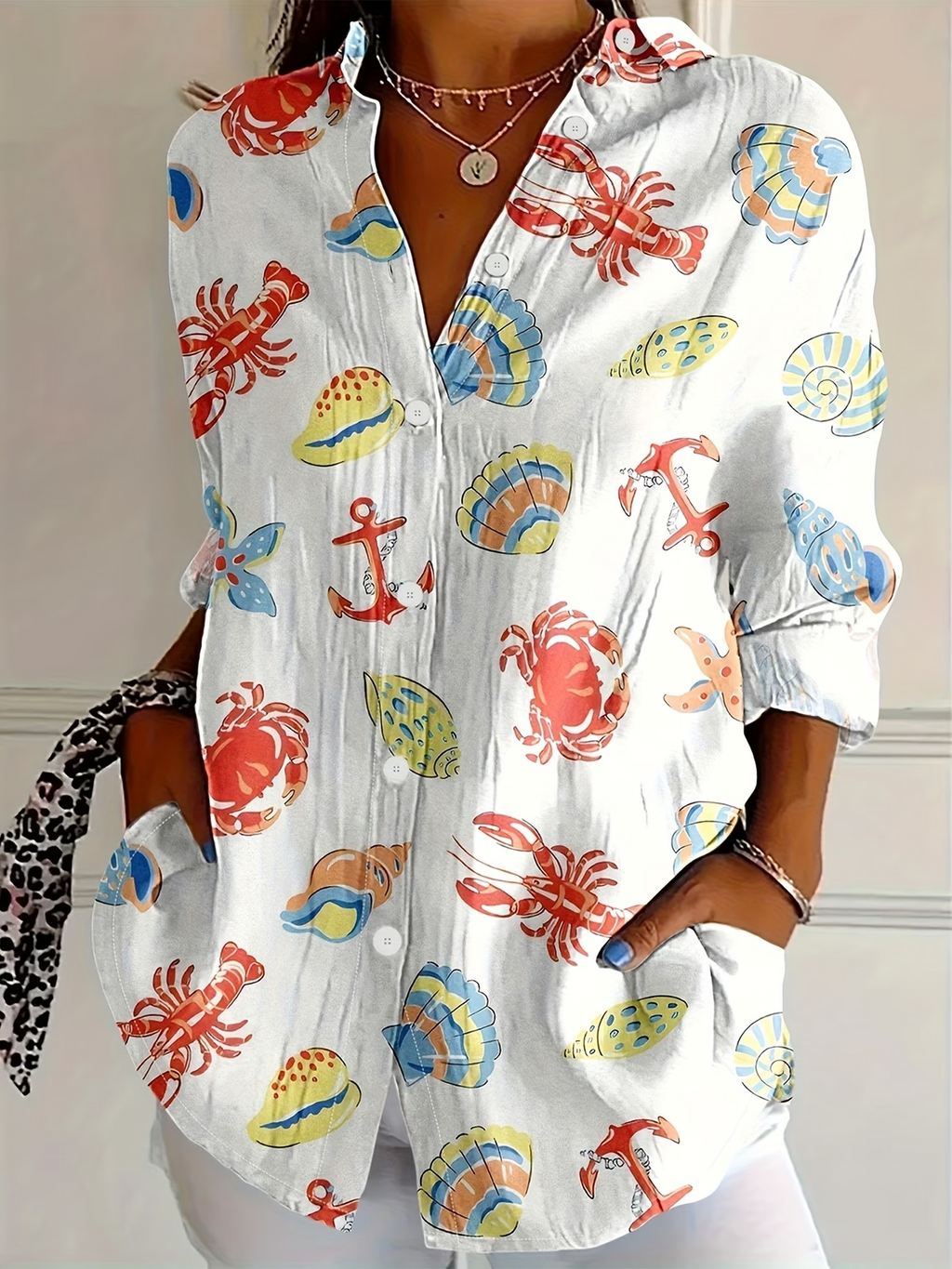 Women's Long Sleeve Shirt Spring/Fall White Marine Life Buckle Shirt Collar Regular Sleeve Daily Going Out Casual Top
