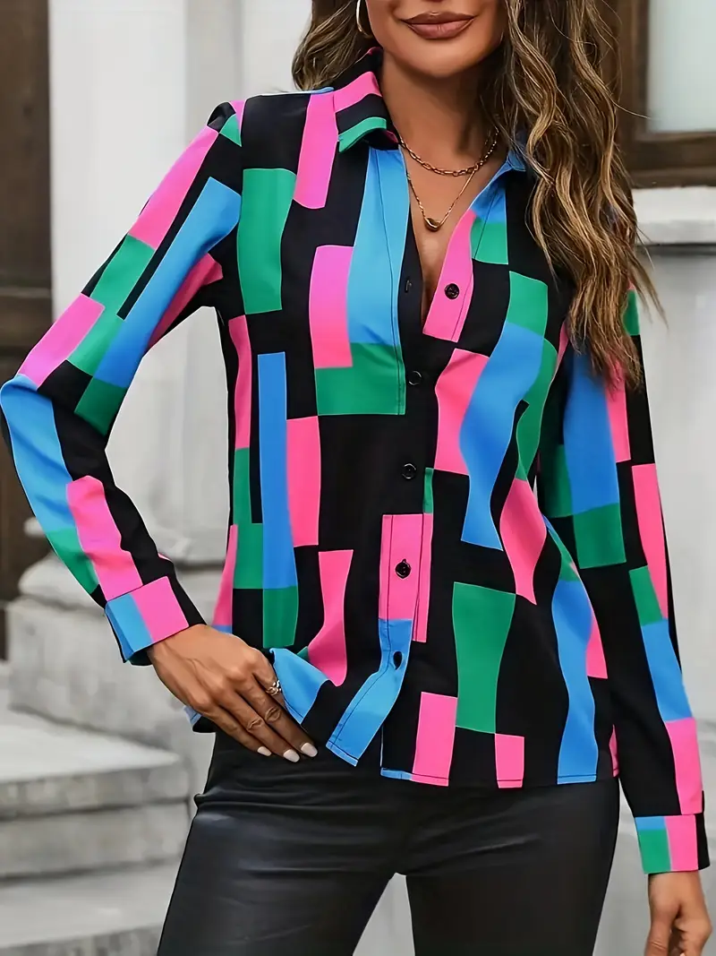 Women's Long Sleeve Shirt Spring/Fall As Picture Abstract Buckle Shirt Collar Regular Sleeve Daily Going Out Casual Top