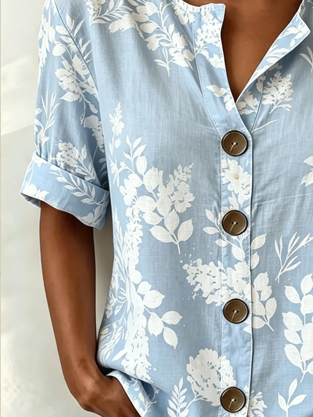 Blue Floral Stand Collar Botton Spring Summer Linen Blend Casual Shirt