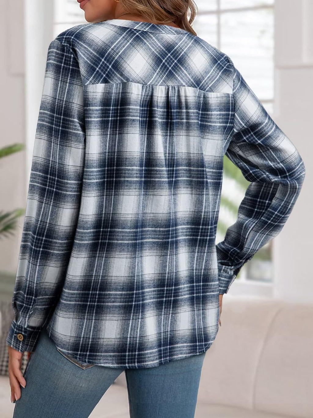 Women's Long Sleeve Shirt Spring/Fall Blue Plaid Split Joint V Neck Daily Going Out Casual Top