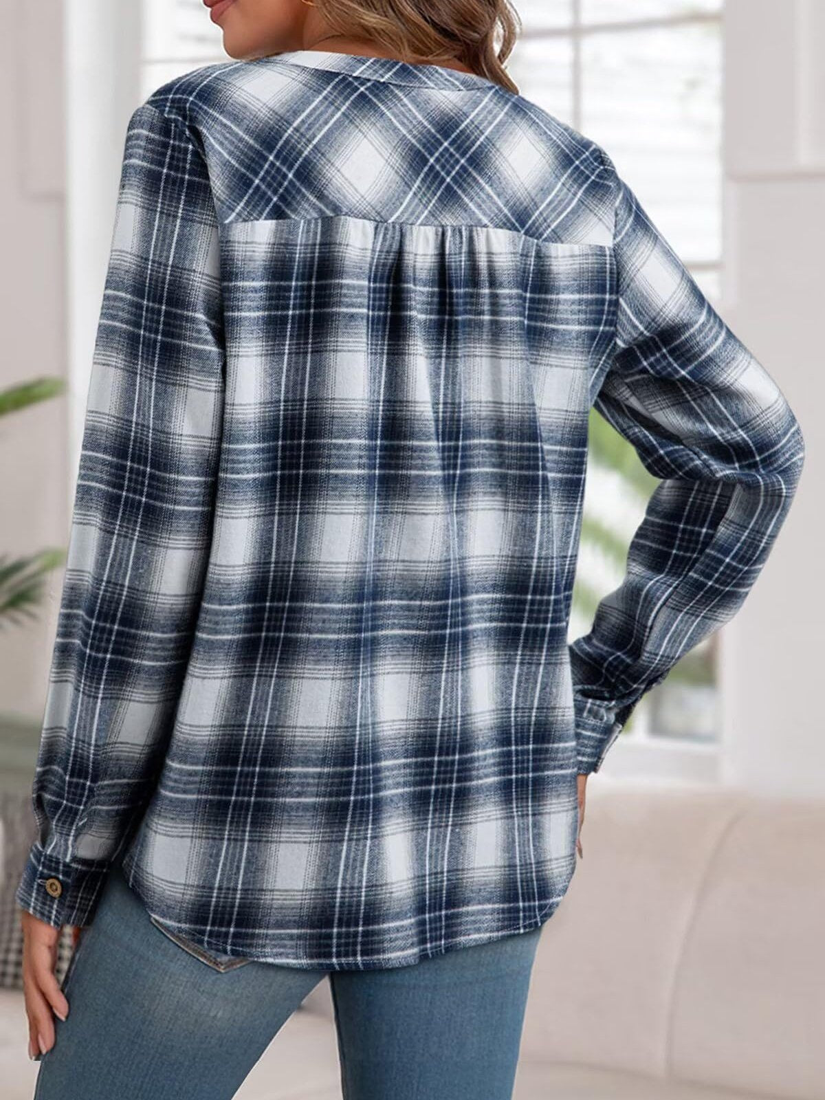 Women's Long Sleeve Shirt Spring/Fall Blue Plaid Split Joint V Neck Daily Going Out Casual Top