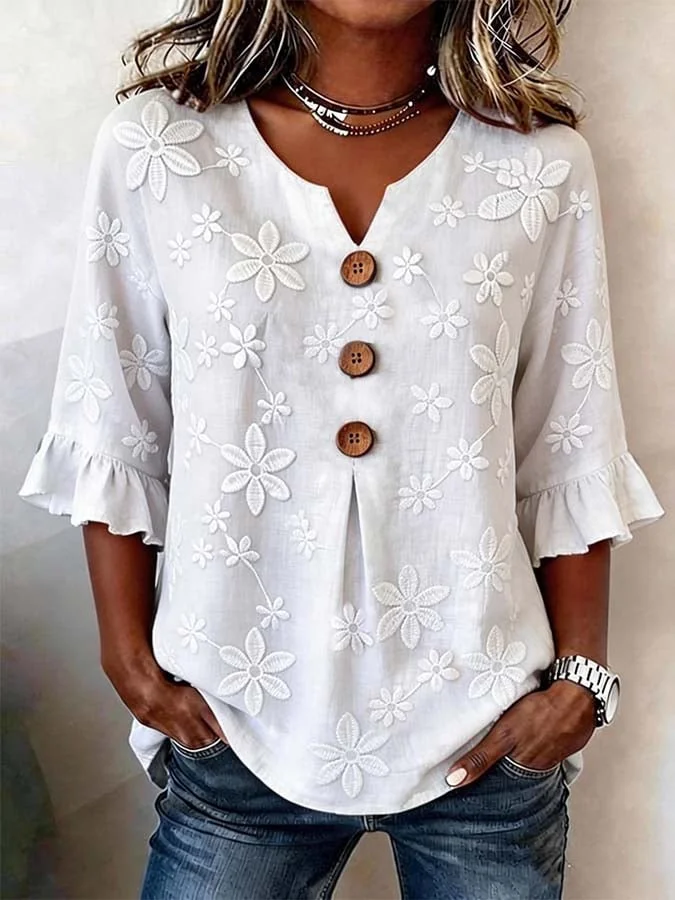 Women's Half Sleeve Blouse Summer White Floral Printing V Neck Daily Going Out Vintage Top