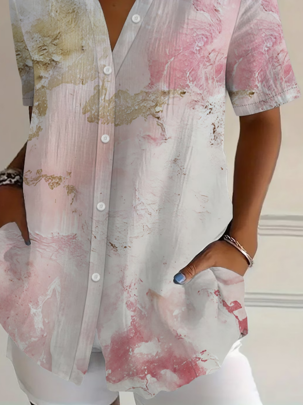 Women's Short Sleeve Shirt Summer As Picture Abstract Printing Shirt Collar Daily Going Out Casual Top