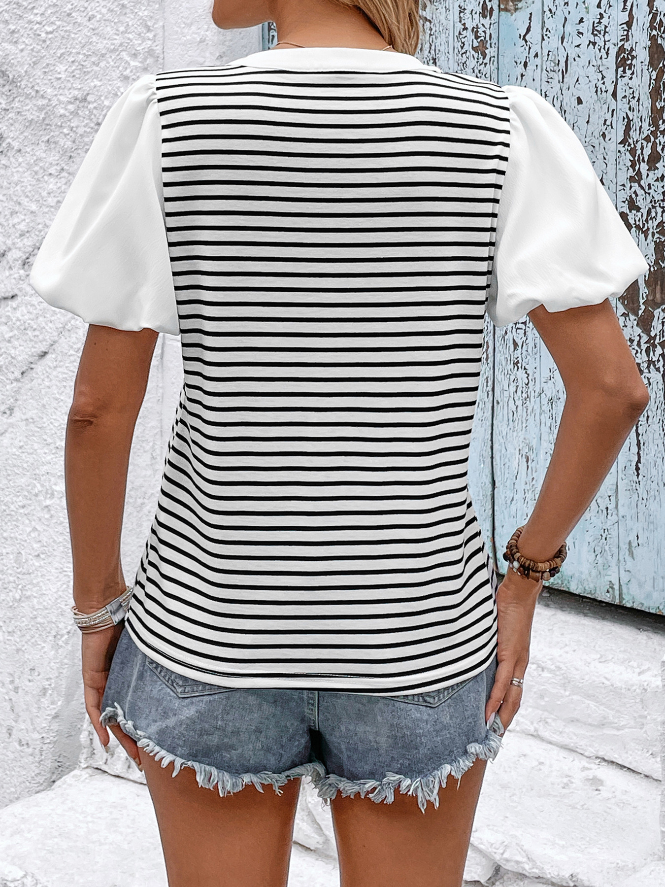 Elegant Striped V Neck Button Puff Short Sleeve Casual Jersey Blouse