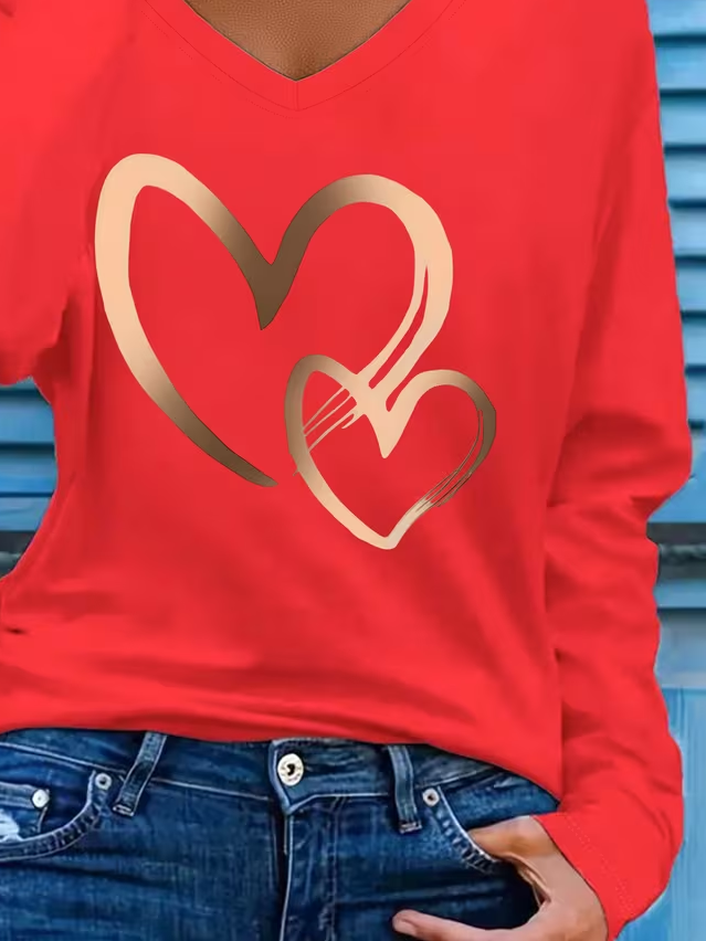 Women's Long Sleeve T-shirt Spring/Fall Red Heart/Cordate Printing Jersey V Neck Daily Going Out Casual Top