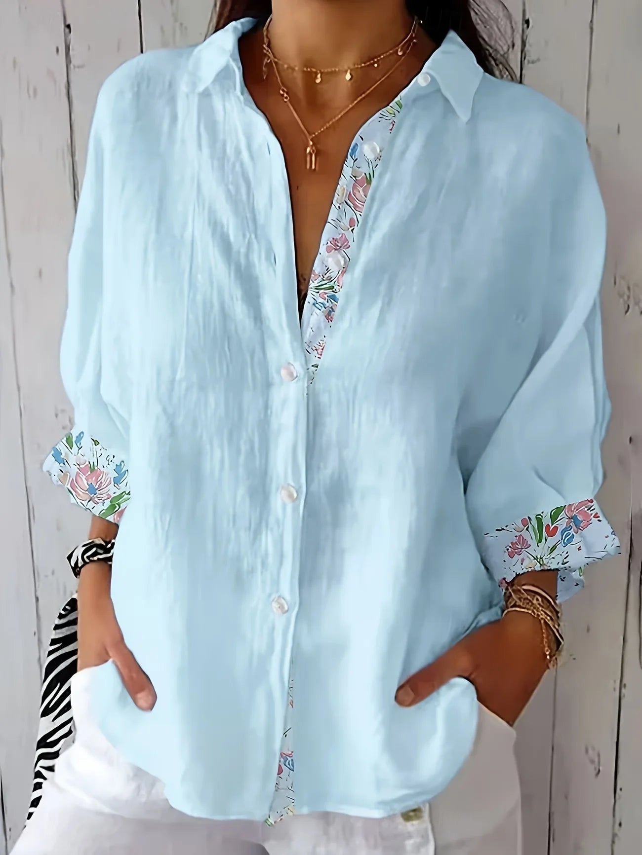Women's Three Quarter Sleeve Shirt Spring/Fall Blue Floral Printing Shirt Collar Daily Going Out Casual Top