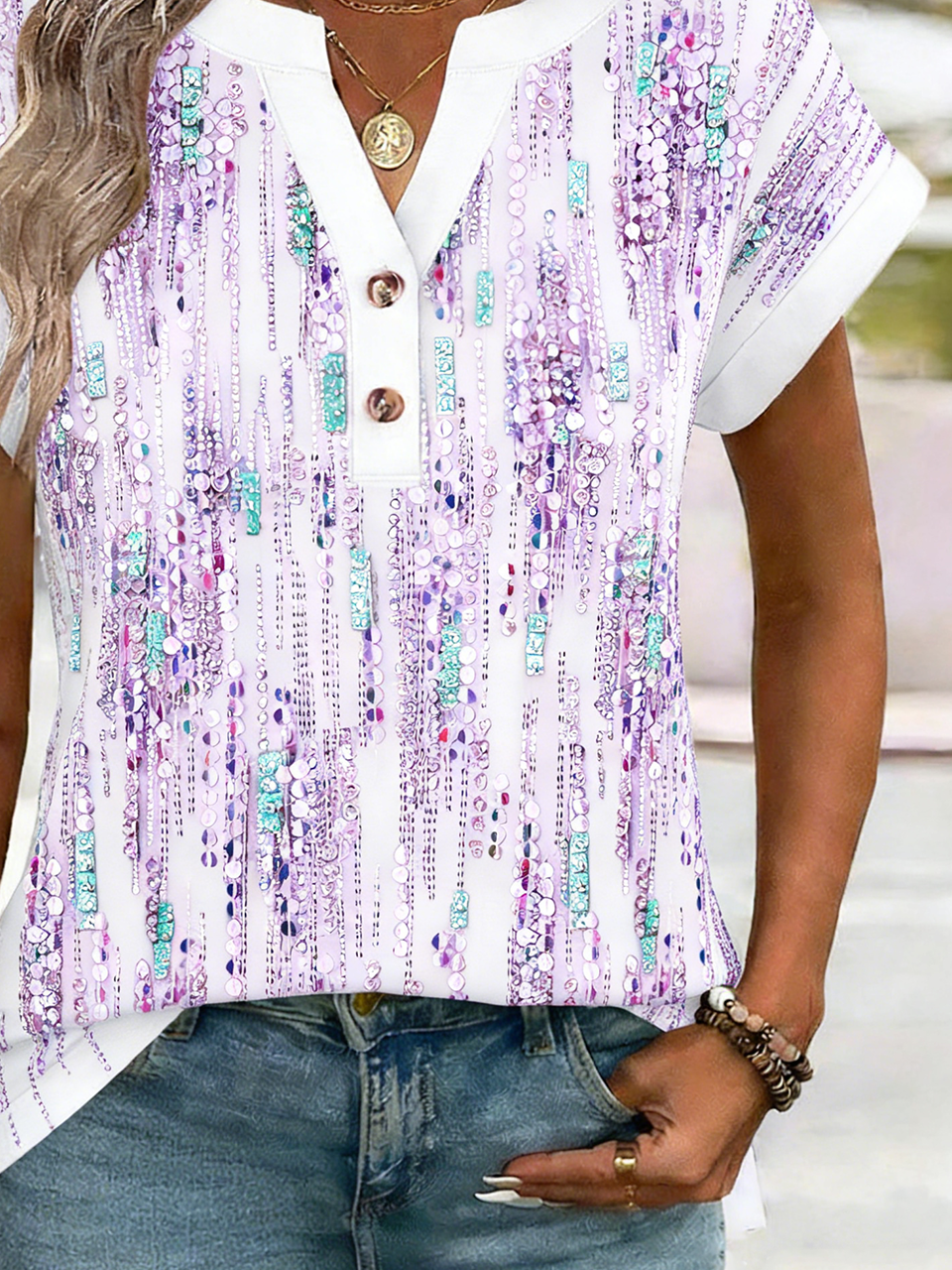 Loose Elegant Gradient Pattern Cotton T-Shirt