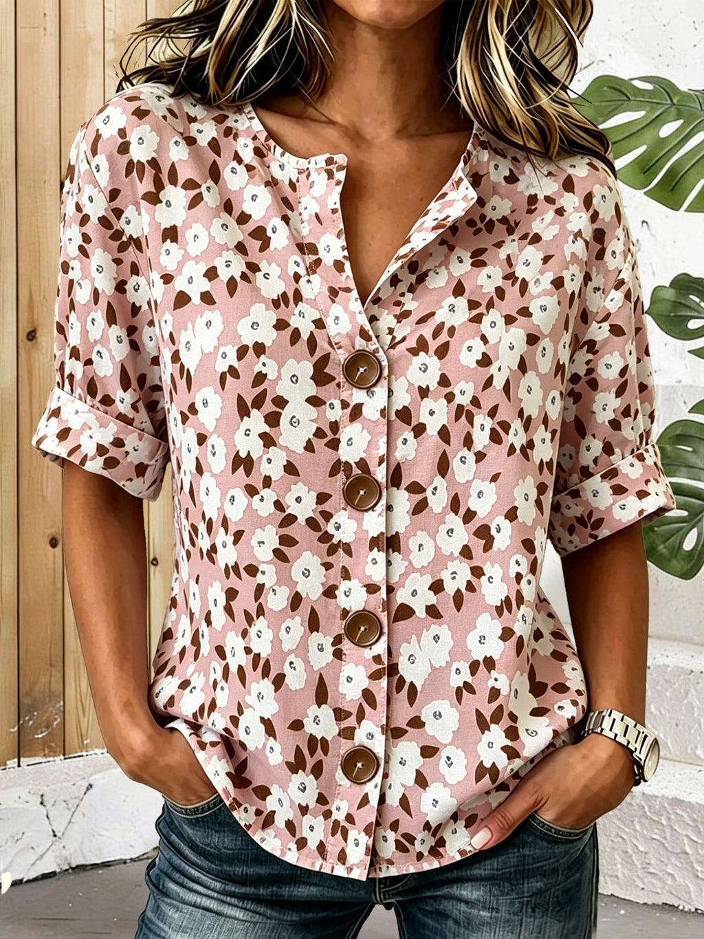 Vintage Pink Floral Stand Collar Botton Spring Summer Linen Blend Casual Shirt