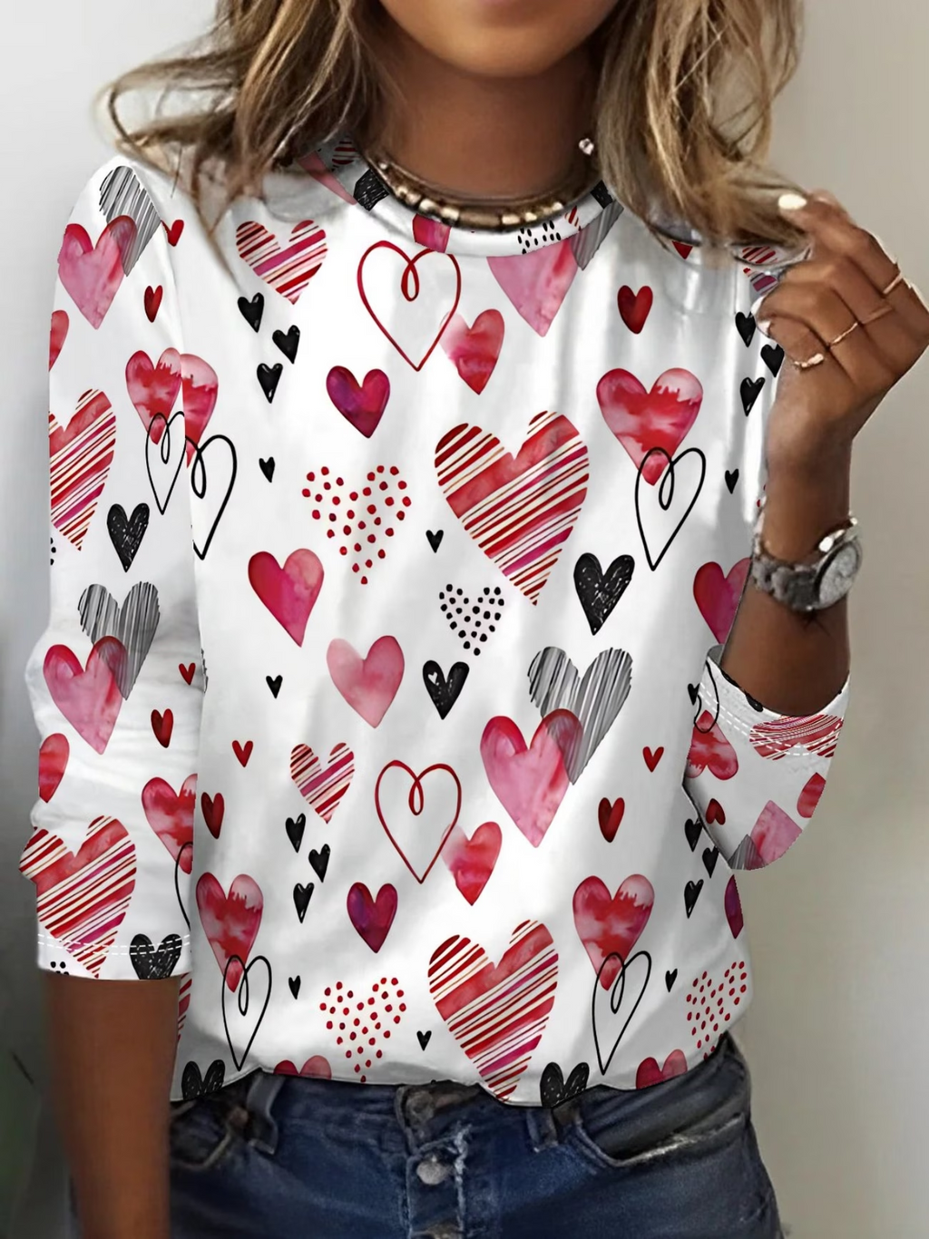 Women's Long Sleeve T-shirt Spring/Fall White Heart/Cordate Printing Jersey Crew Neck Daily Going Out Casual Top