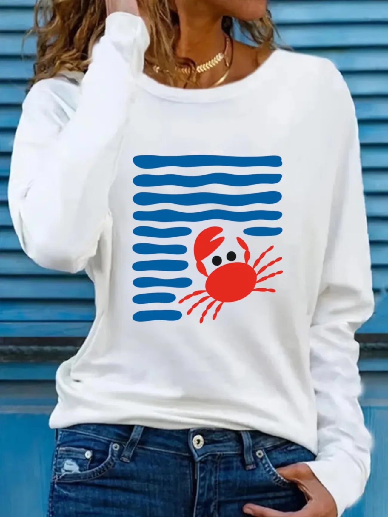 Women's Long Sleeve T-shirt Spring/Fall White Striped Printing Jersey Crew Neck Daily Going Out Casual Top