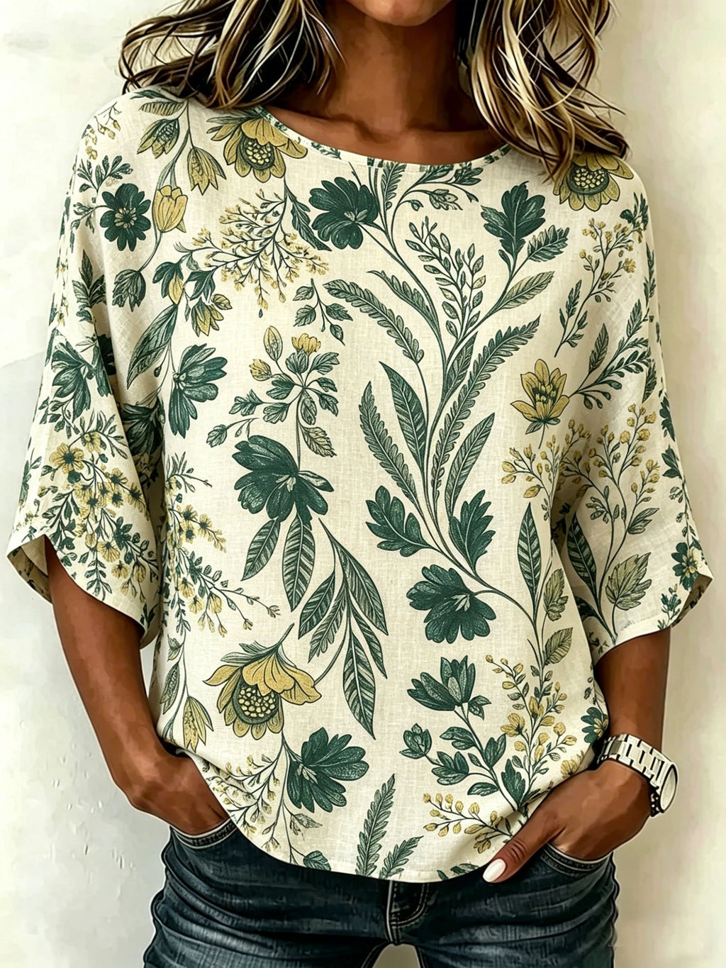 Cotton And Linen Floral Vintage Loose Casual Top