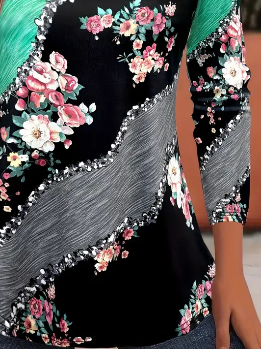 Women's Floral Color Block Print Casual Round Neck Tunic Long Sleeve T-Shirt