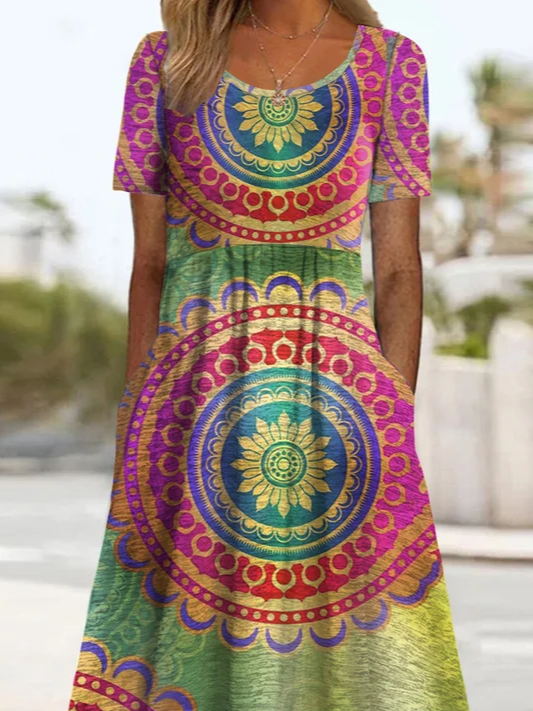 Women's Short Sleeve Summer As Picture Ethnic Printing Crew Neck Daily Going Out Casual Maxi H-Line Shift Dress Dress