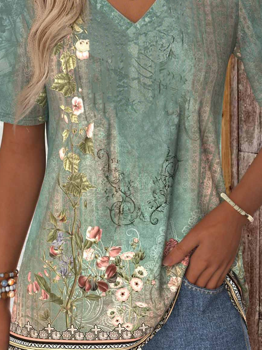 Print Casual V Neck Short Sleeve T-Shirt