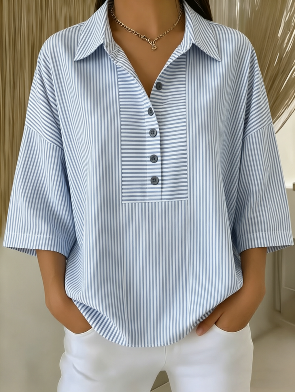 Crew Neck Striped Elegant Loose Shirt