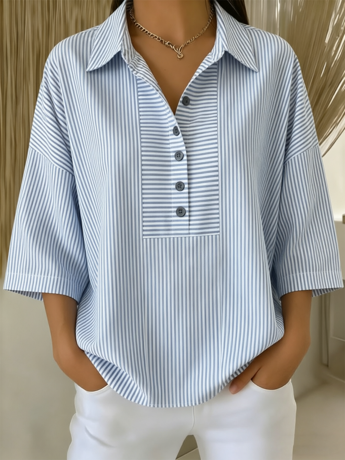Crew Neck Striped Elegant Loose Shirt