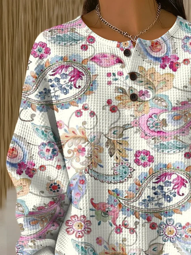Women's Flowers Print Button-Up Casual Waffle Knit Sweatshirt