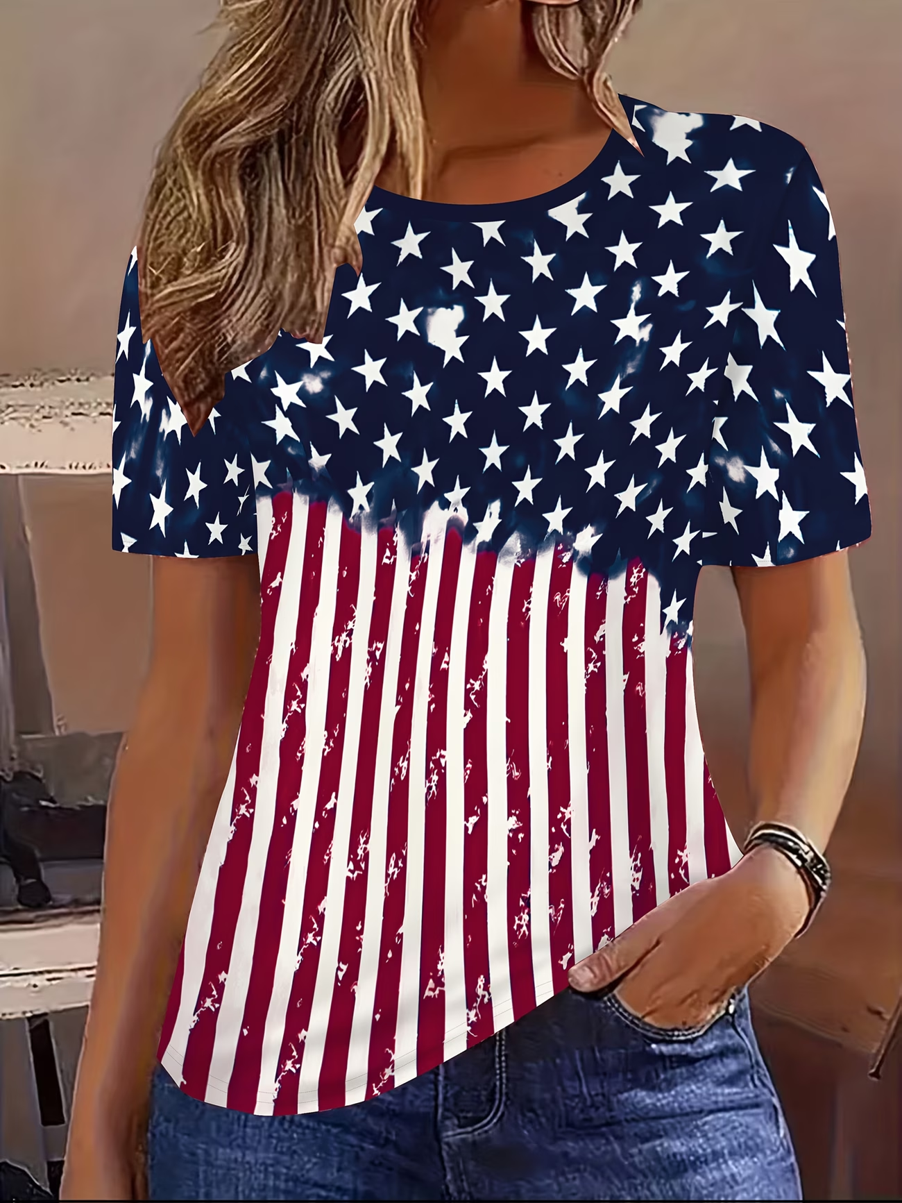Women's Short Sleeve T-shirt Summer As Picture America Flag Printing Jersey Crew Neck Daily Going Out Casual Top