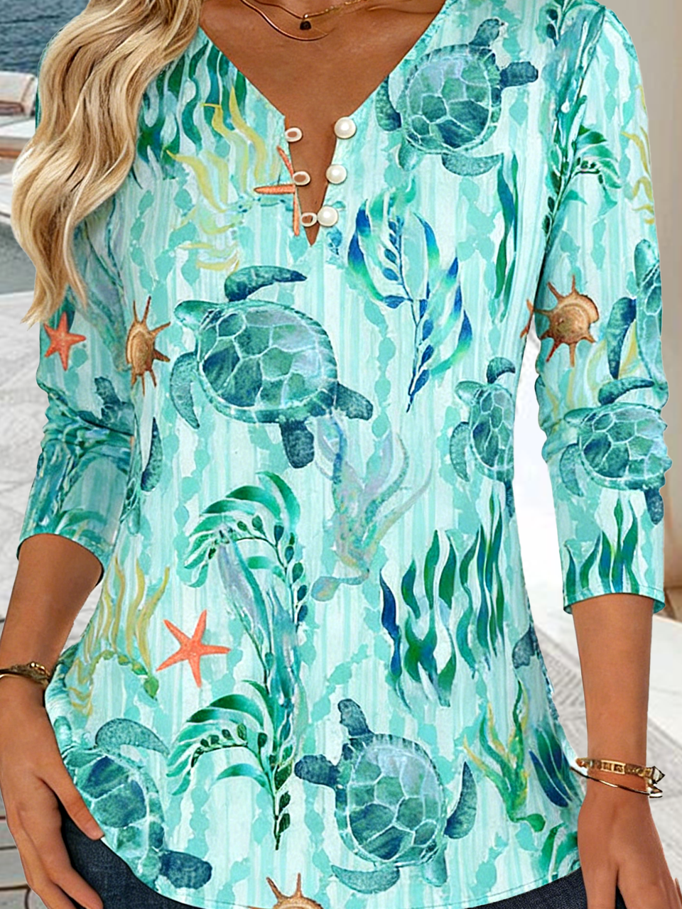 Elegant Marine Life Cotton V Neck T-Shirt