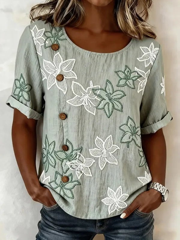 Loose Linen Blend Elegant Crew Neck Shirt