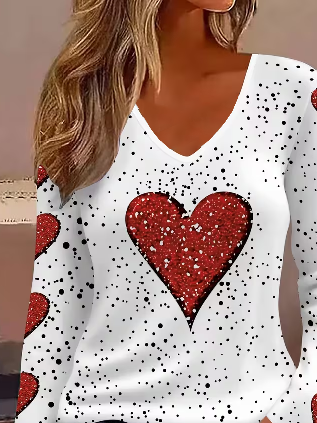 Women's Long Sleeve T-shirt Spring/Fall White Heart/Cordate Printing Jersey V Neck Daily Going Out Casual Top