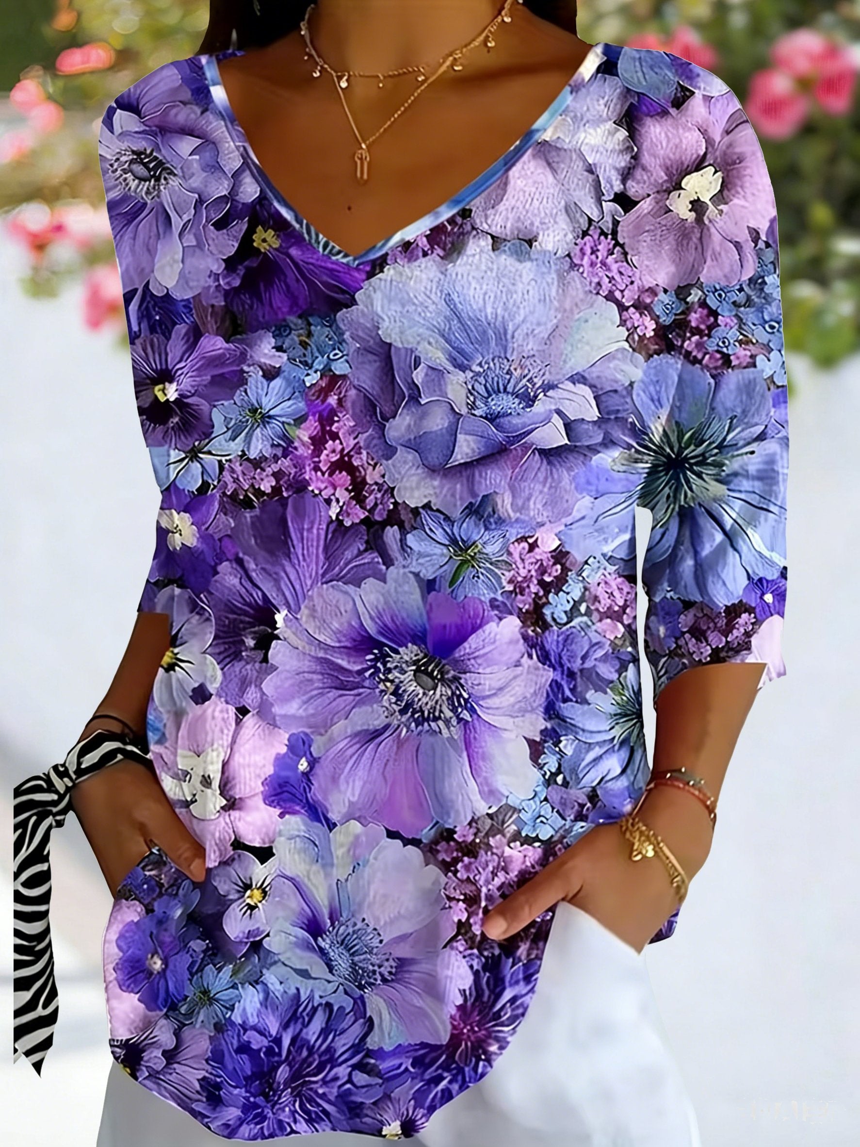 Women's Three Quarter Sleeve T-shirt Spring/Fall Purple FloralPrinting V Neck Daily Going Out Casual Top