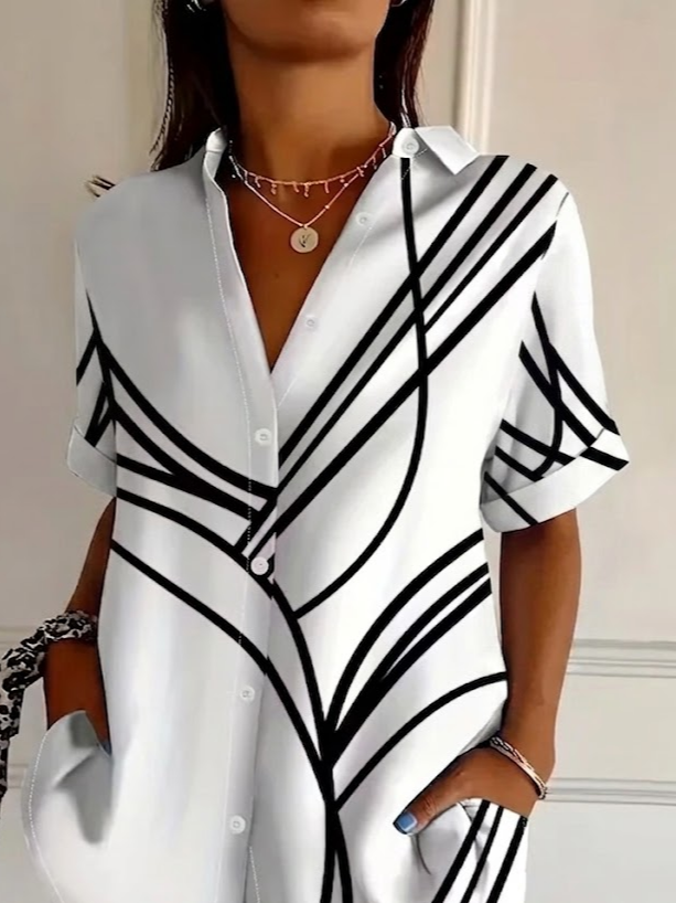 Women's Short Sleeve Shirt Summer White Abstract Printing Shirt Collar Daily Going Out Casual Top