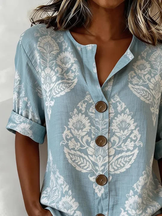 Women's Long Sleeve Shirt Spring/Fall Blue Floral Buckle Stand Collar Daily Going Out Casual Top