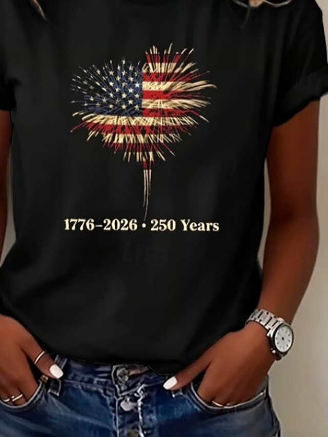 Women's Short Sleeve T-shirt Summer Black Independence Day (Flag) Printing Jersey Crew Neck Daily Going Out Casual Top