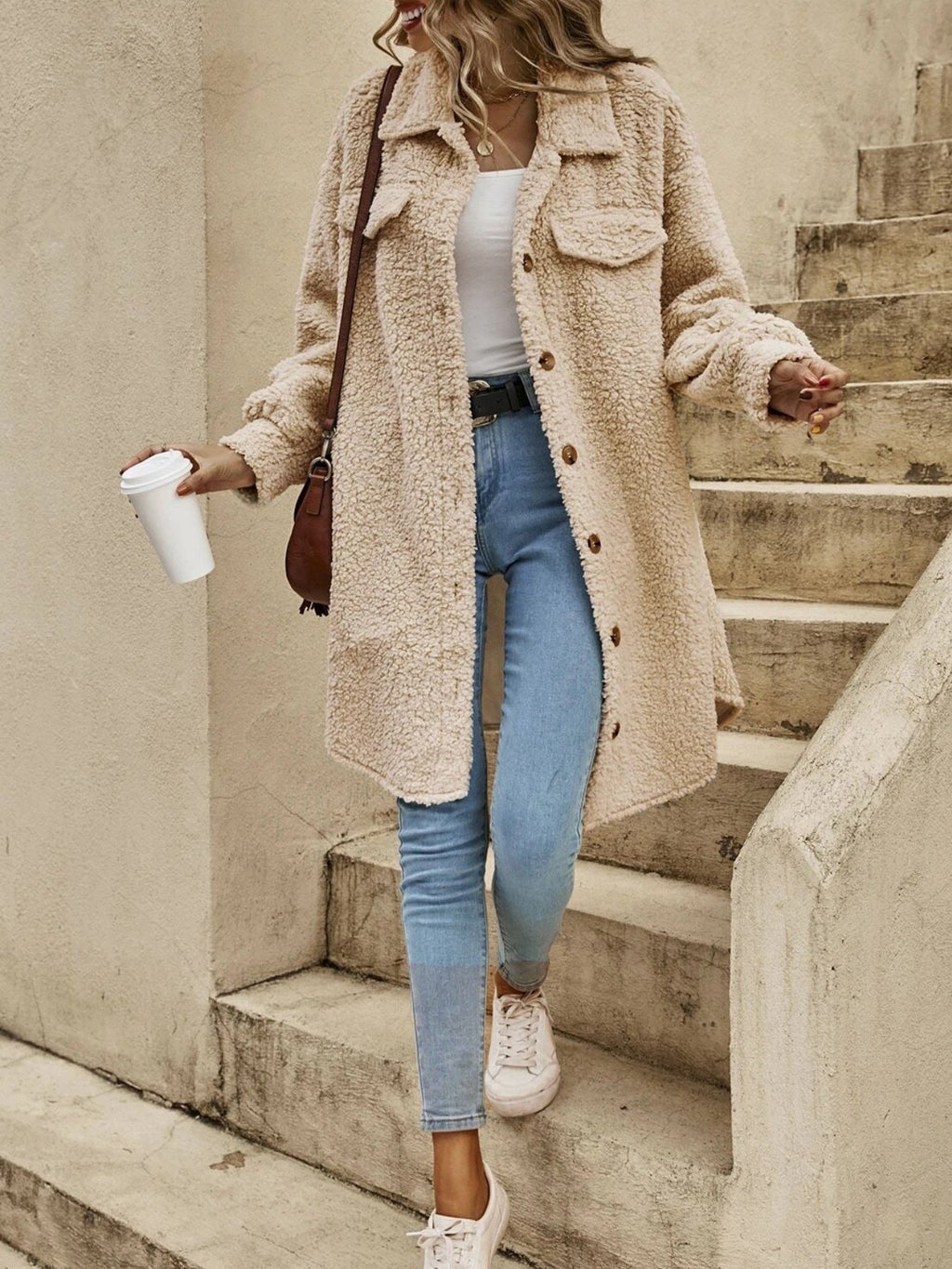 Fluff/Granular Fleece Fabric Plain Shawl Collar Elegant Coat