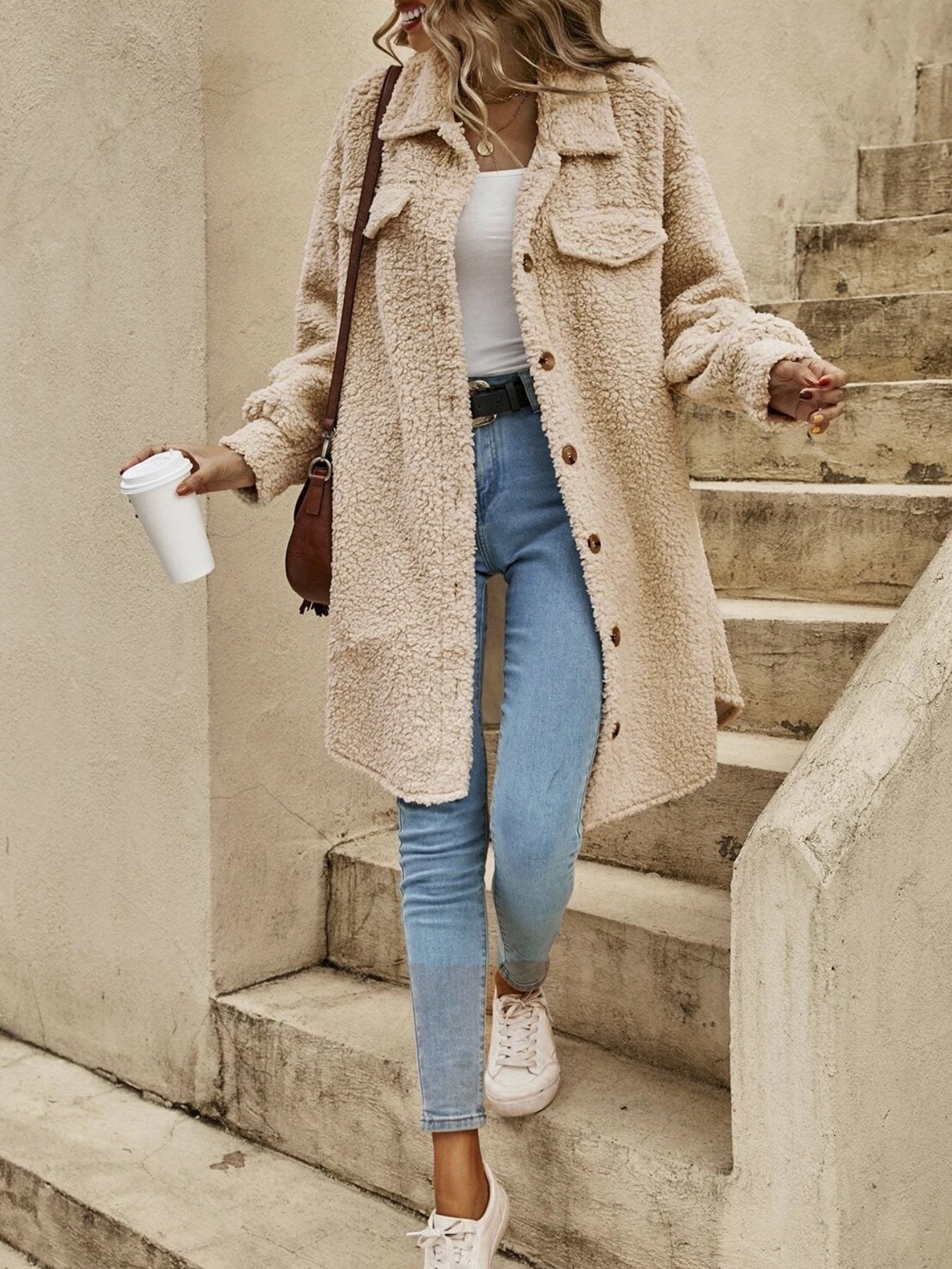 Fluff/Granular Fleece Fabric Plain Shawl Collar Elegant Coat