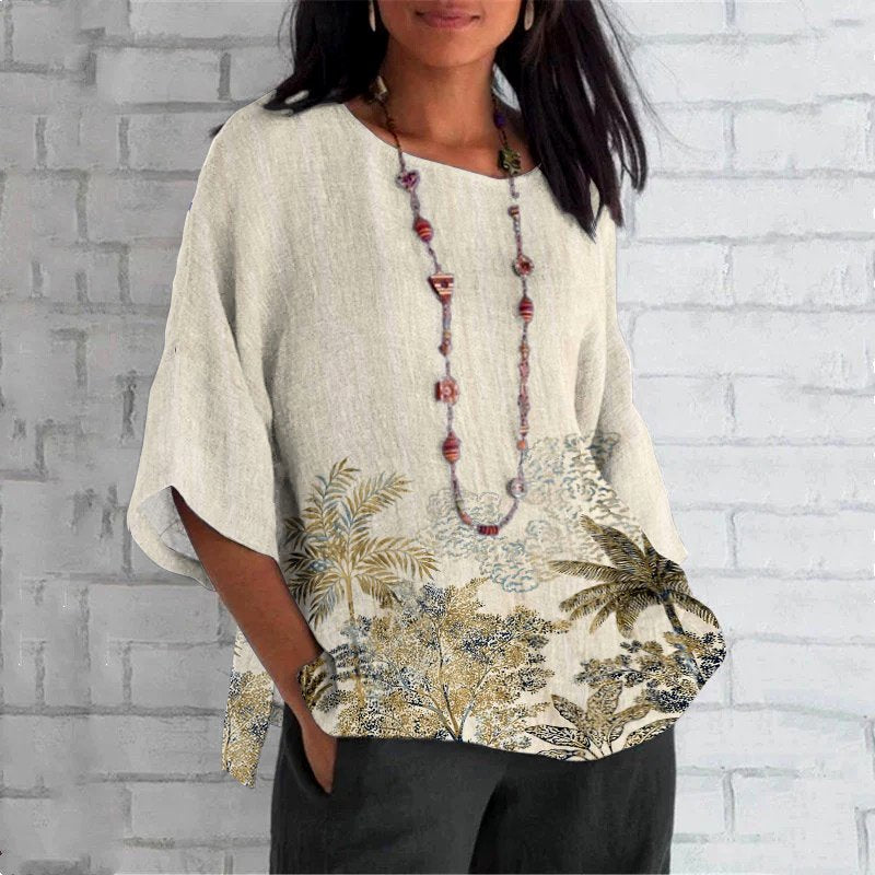 Regular Fit Casual Linen Floral T-Shirt